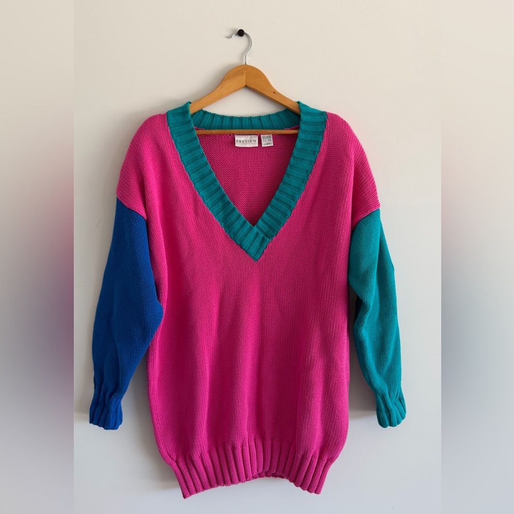 Vtg PreviewInternational L Colorblock VNeck Sweater 80-90s Preppy Retro